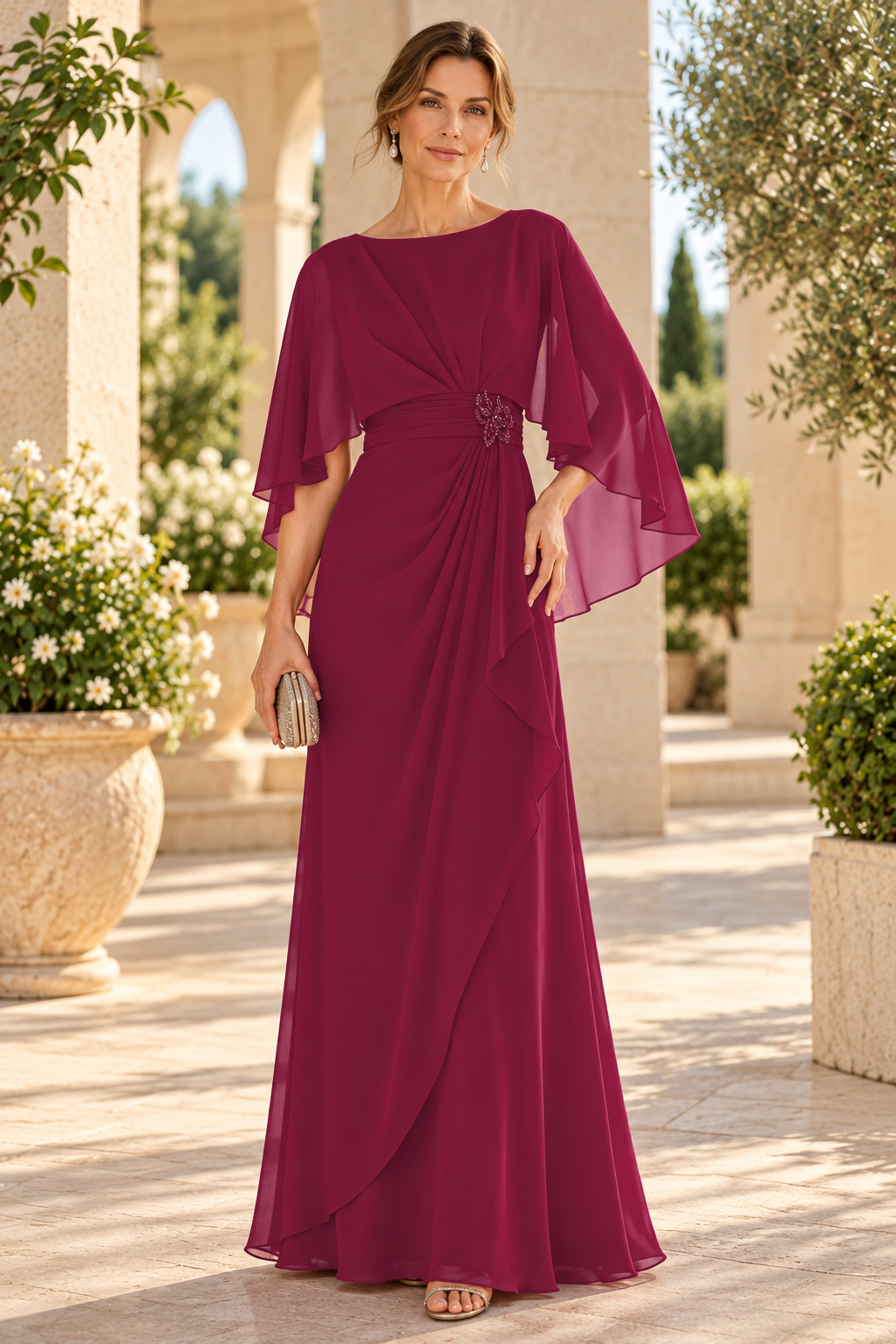 Chiffon Cape Sleeve Evening Dress with Brooch
