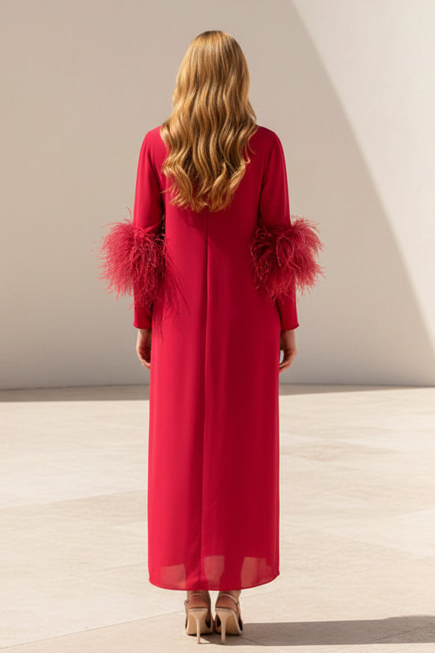 Midi-Kleid mit hohem Kragen und Ärmeln mit Federbesatz