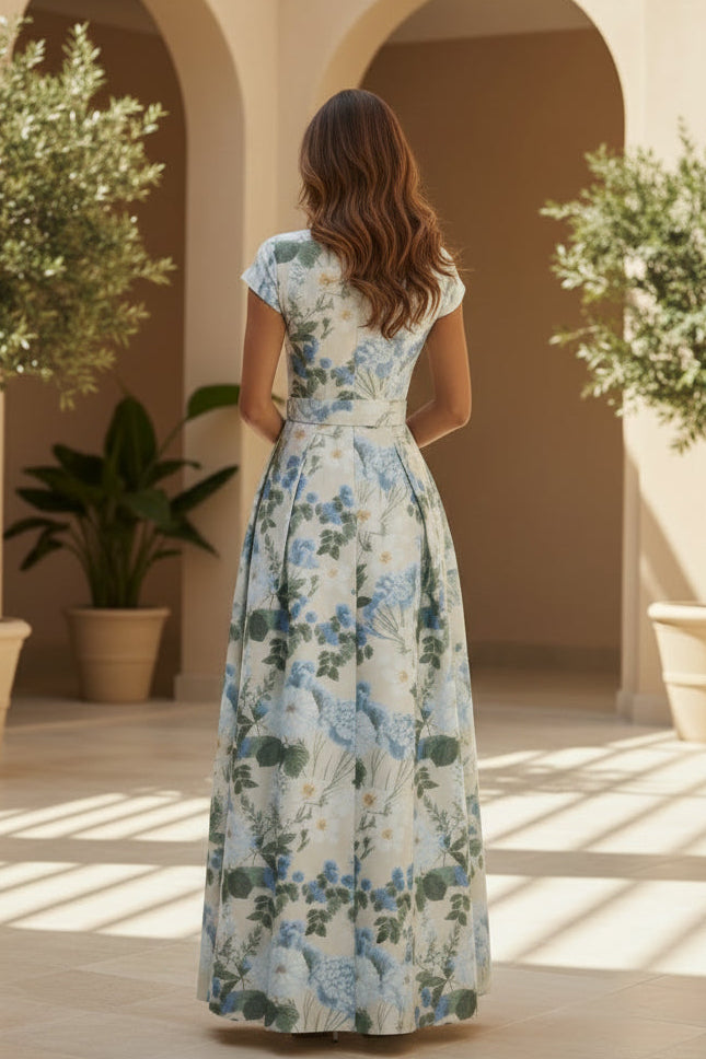 Geblümtes Jacquard-Maxikleid in A-Linie mit Gürtel und Taschen