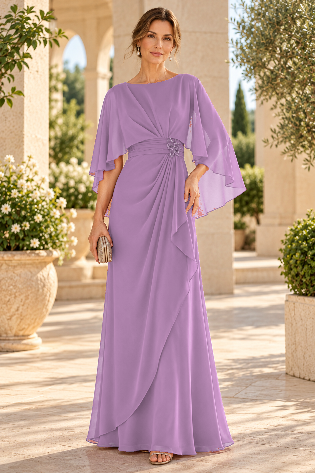 Chiffon Cape Sleeve Evening Dress with Brooch