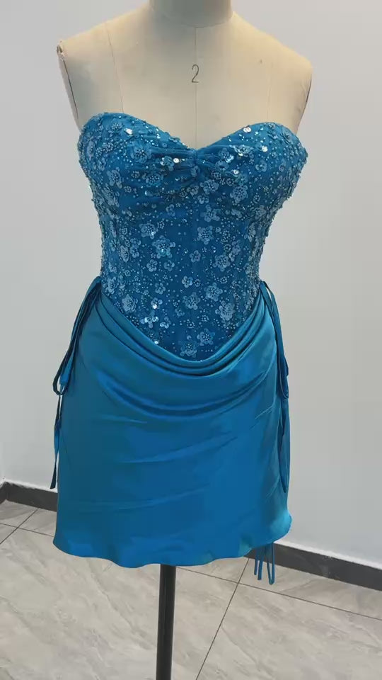 Trägerloses, perlenverziertes Minikleid mit Korsett und Schnürung am Rücken